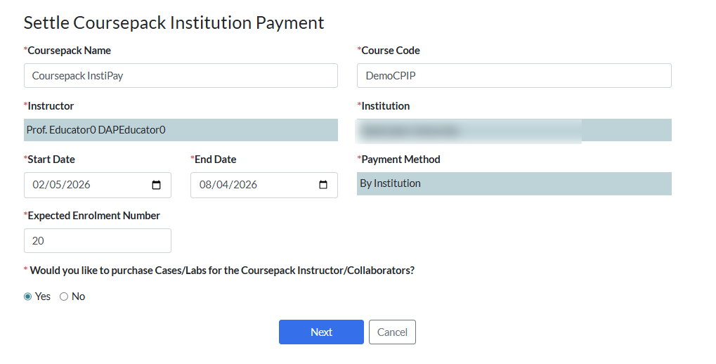 fill in the settle institution payment form